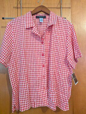 Sag Harbor Large Red and White Checkered with Flowers Button Up Blouse